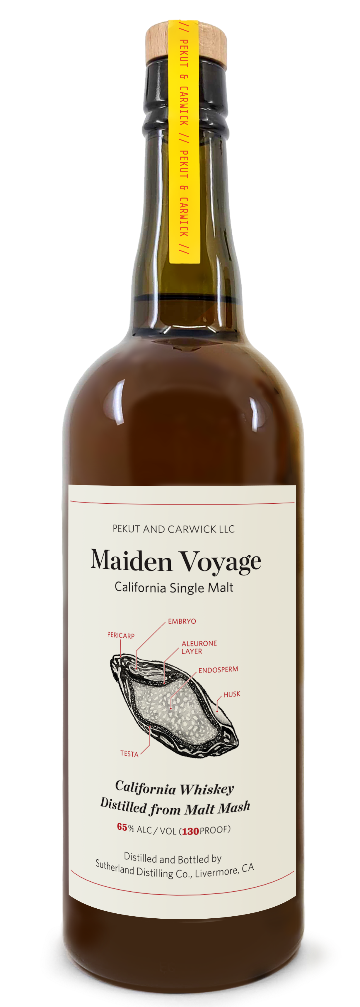 A bottle of Pekut and Carwick Maiden Voyage Single Malt Whiskey
