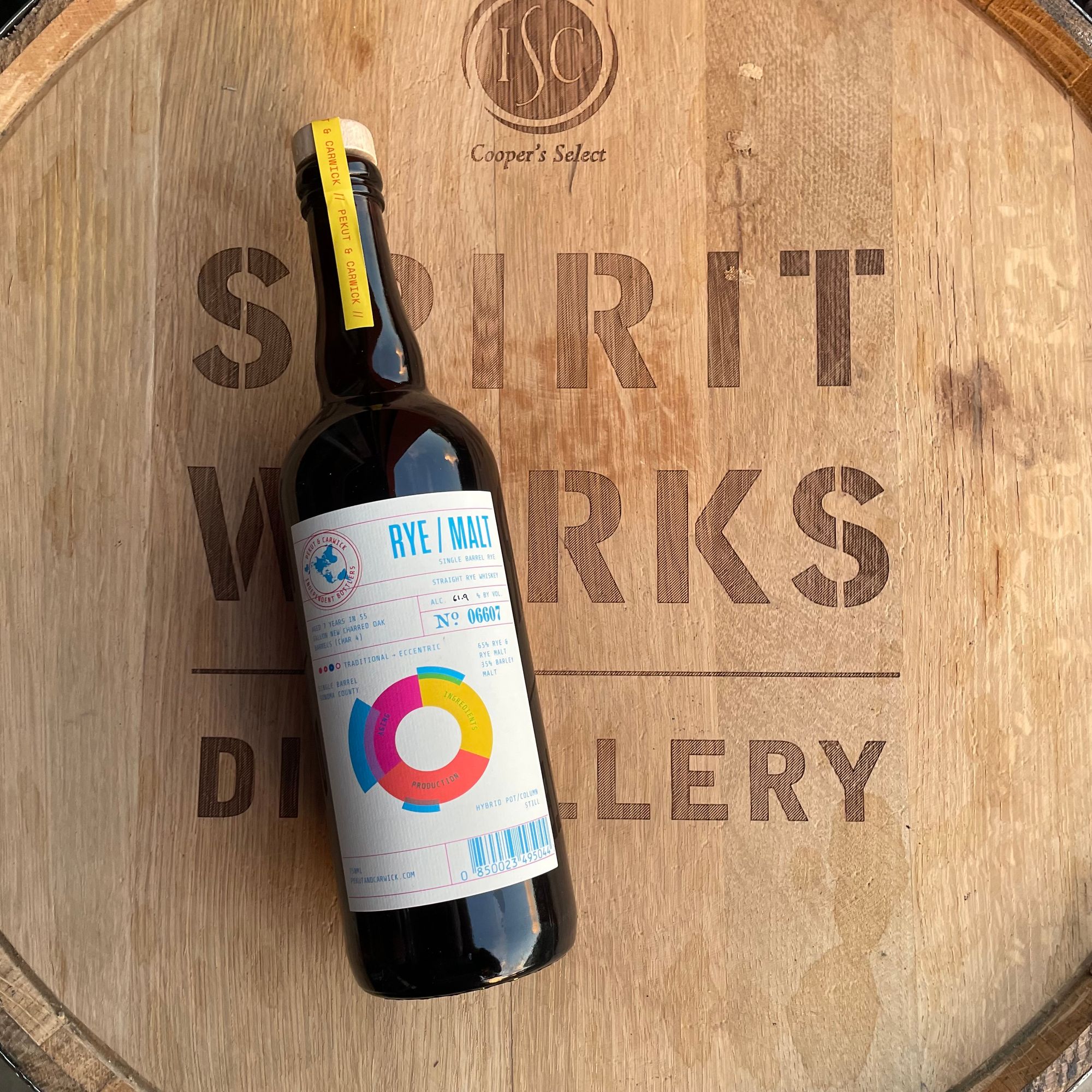 A bottle of Pekut and Carwick Rye/Malt Straight Rye Whiskey