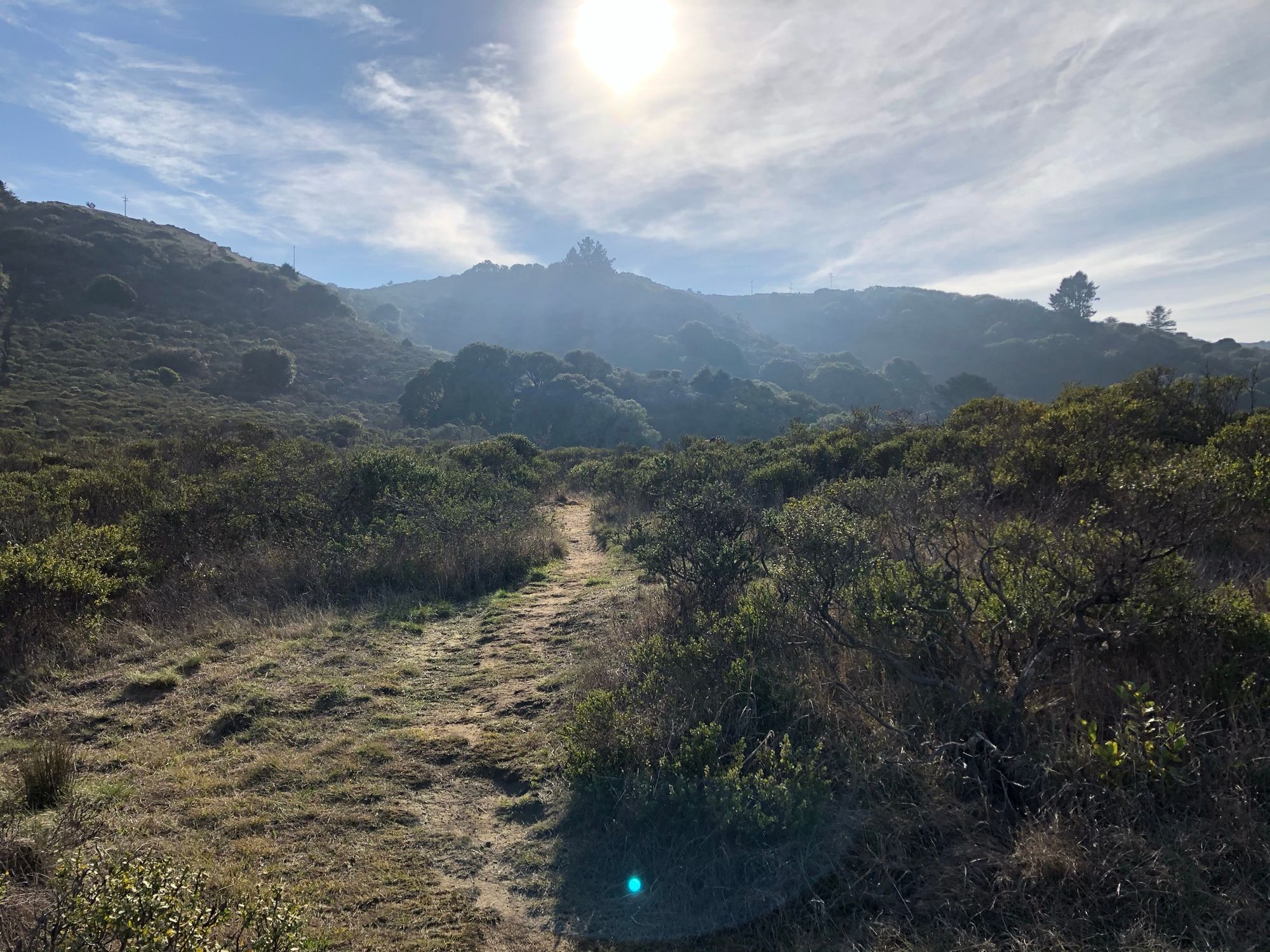 A hiking trail tapers off into the distant hills. 