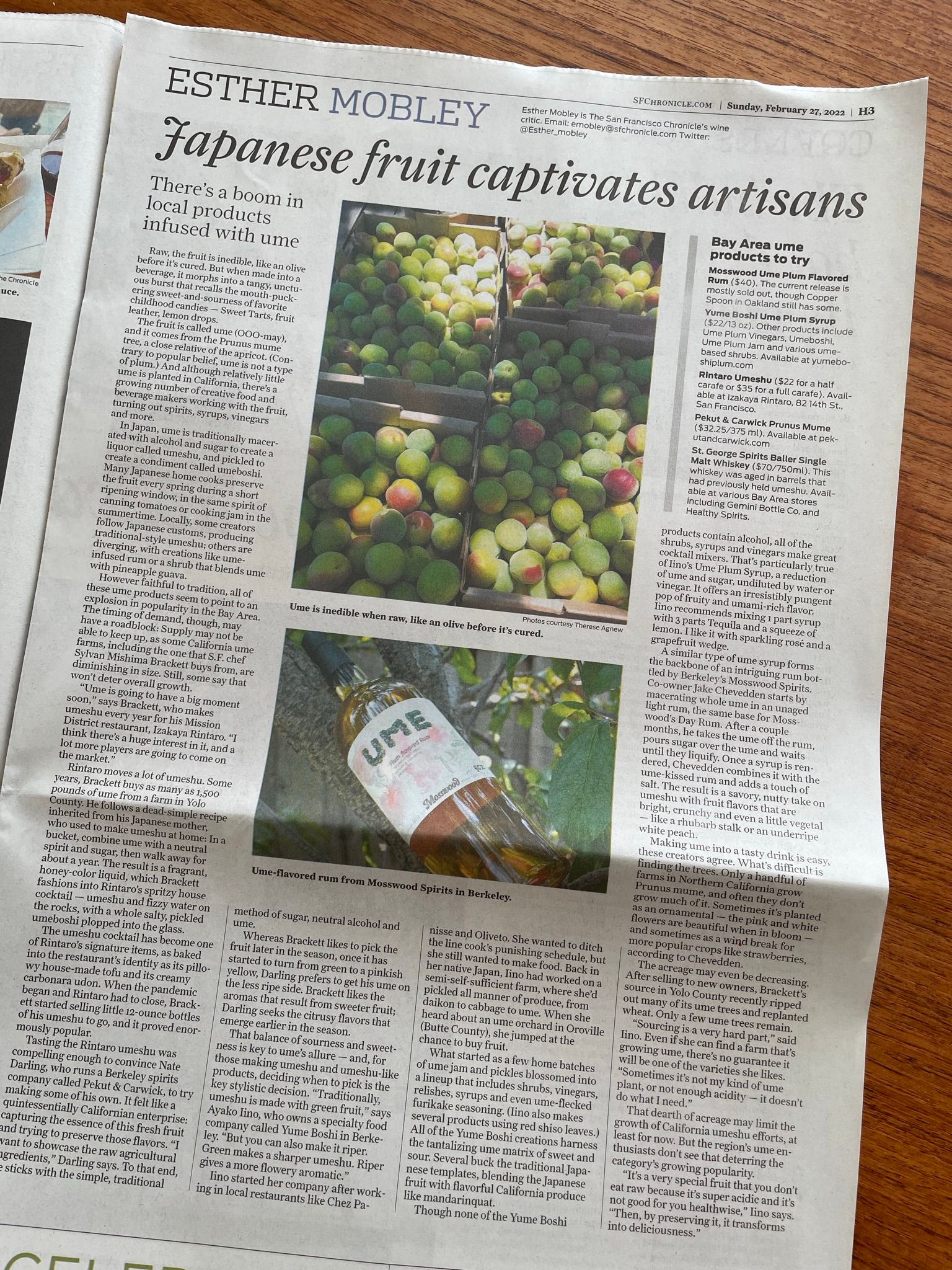 A page from the SF Chronicle featuring an article about ume and Pekut & Carwick.