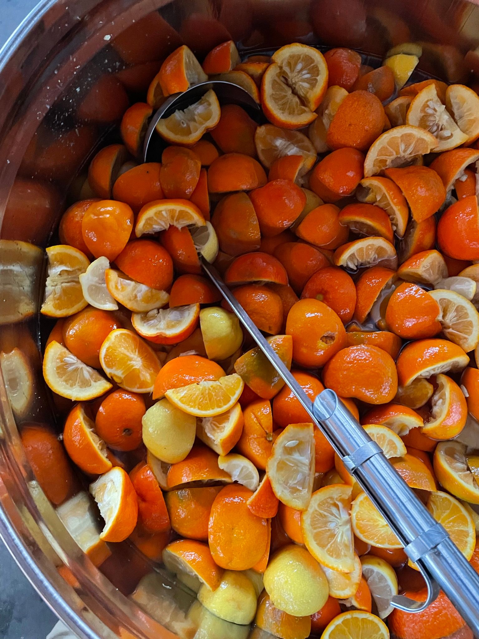 A stainless tank of quartered Seville oranges